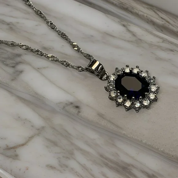 Fifth Avenue Vintage British Princess Wedding Blue Sapphire Pendant Necklace - Picture 8 of 12